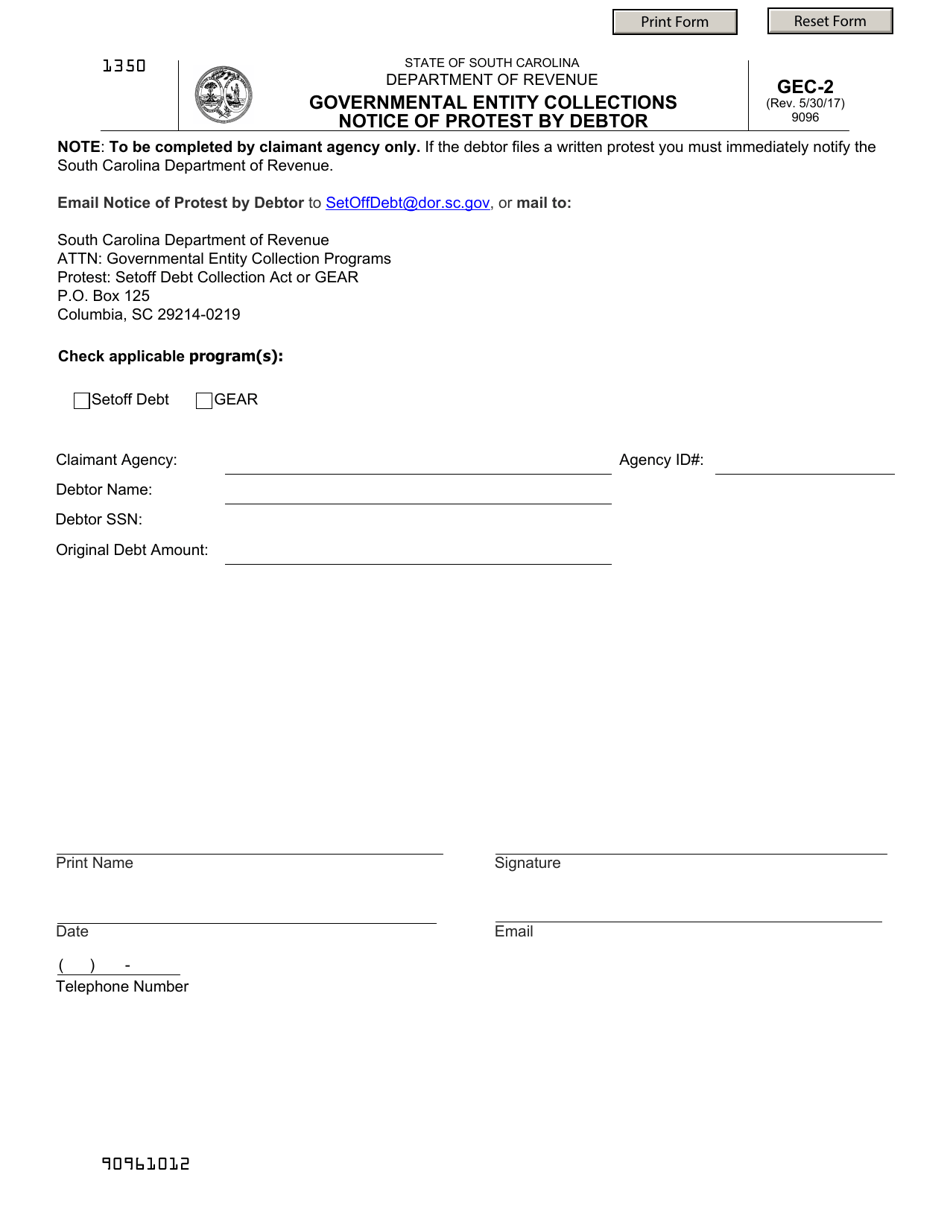 Form GEC-2 Governmental Entity Collections Notice of Protest by Debtor - South Carolina, Page 1