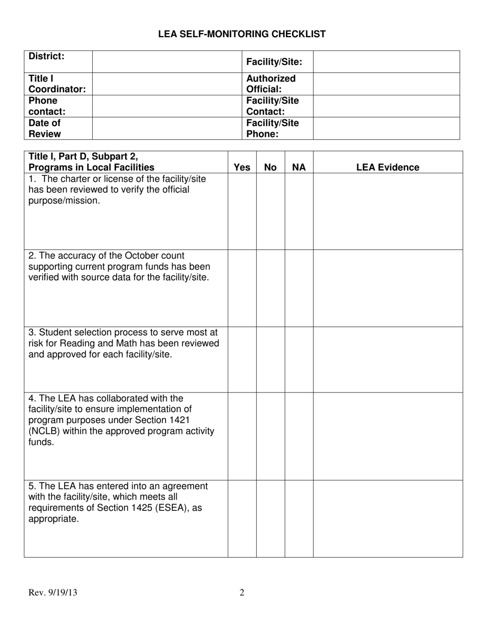 Self-monitoring Checklist - Local Education Agency (Lea) Programs for Neglected and Delinquent - South Carolina, Page 2