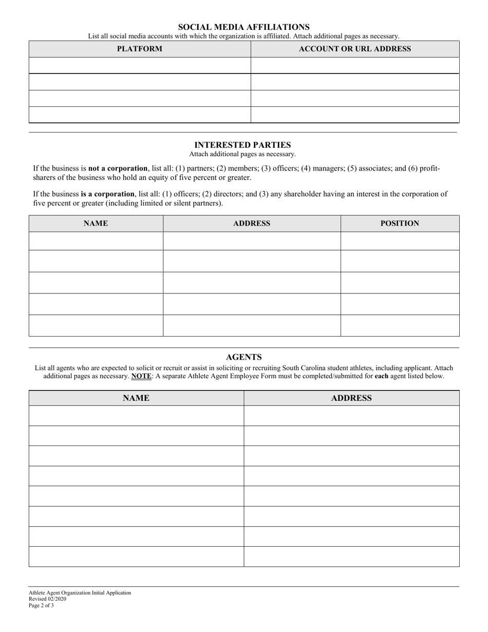 Athlete Agent Organization Initial Application - South Carolina, Page 3