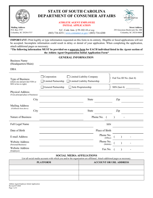 Athlete Agent Employee Initial Application - South Carolina Download Pdf