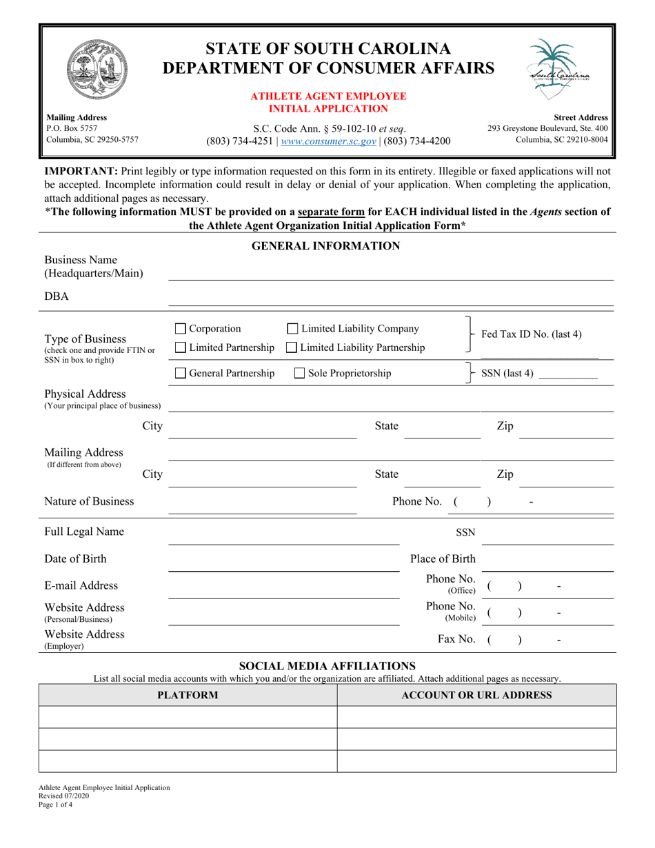 Athlete Agent Employee Initial Application - South Carolina, Page 1