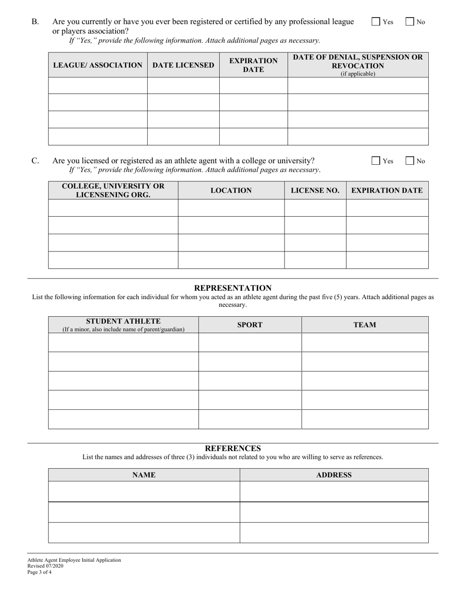 Athlete Agent Employee Initial Application - South Carolina, Page 3