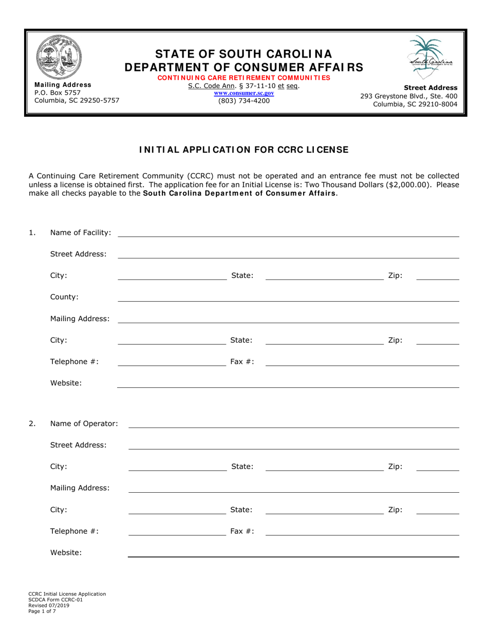 SCDCA Form CCRC-01 Initial Application for Ccrc License - South Carolina, Page 1