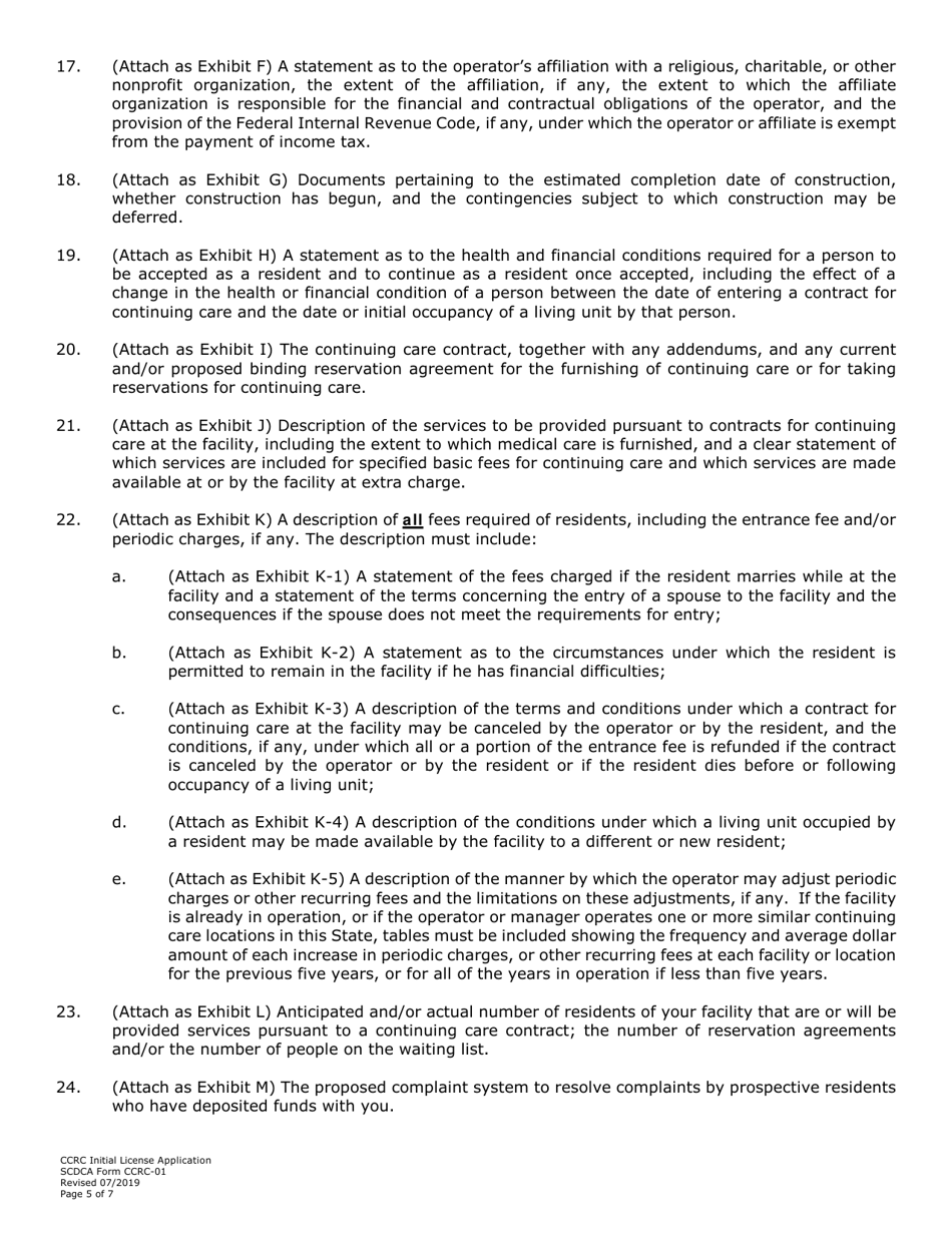 SCDCA Form CCRC-01 Initial Application for Ccrc License - South Carolina, Page 5