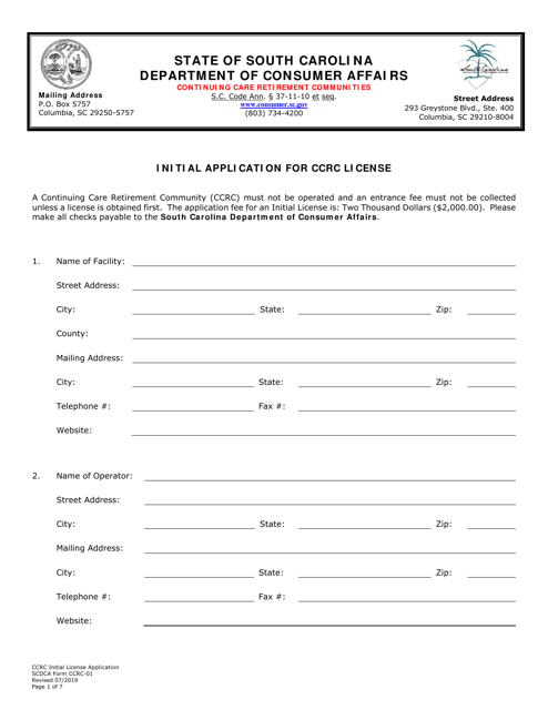 SCDCA Form CCRC-01 Initial Application for Ccrc License - South Carolina