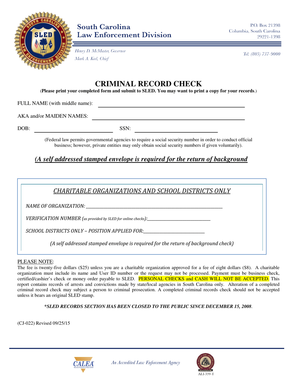 Form CJ-022 Criminal Record Check - South Carolina, Page 1