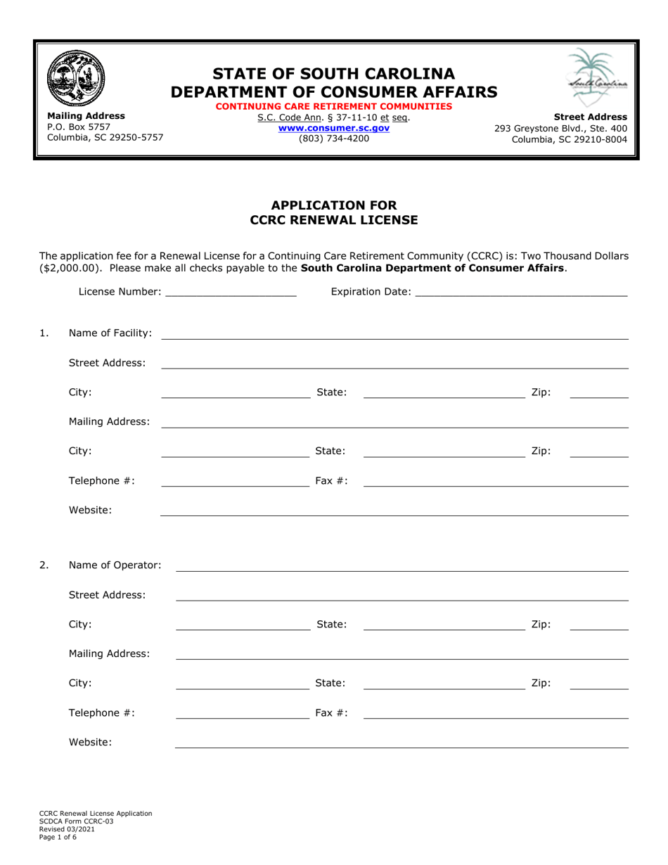 SCDCA Form CCRC-03 Application for Ccrc Renewal License - South Carolina, Page 1