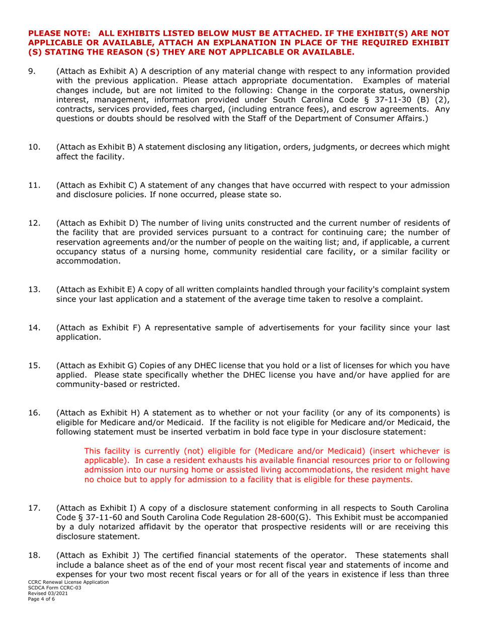 SCDCA Form CCRC-03 Application for Ccrc Renewal License - South Carolina, Page 4