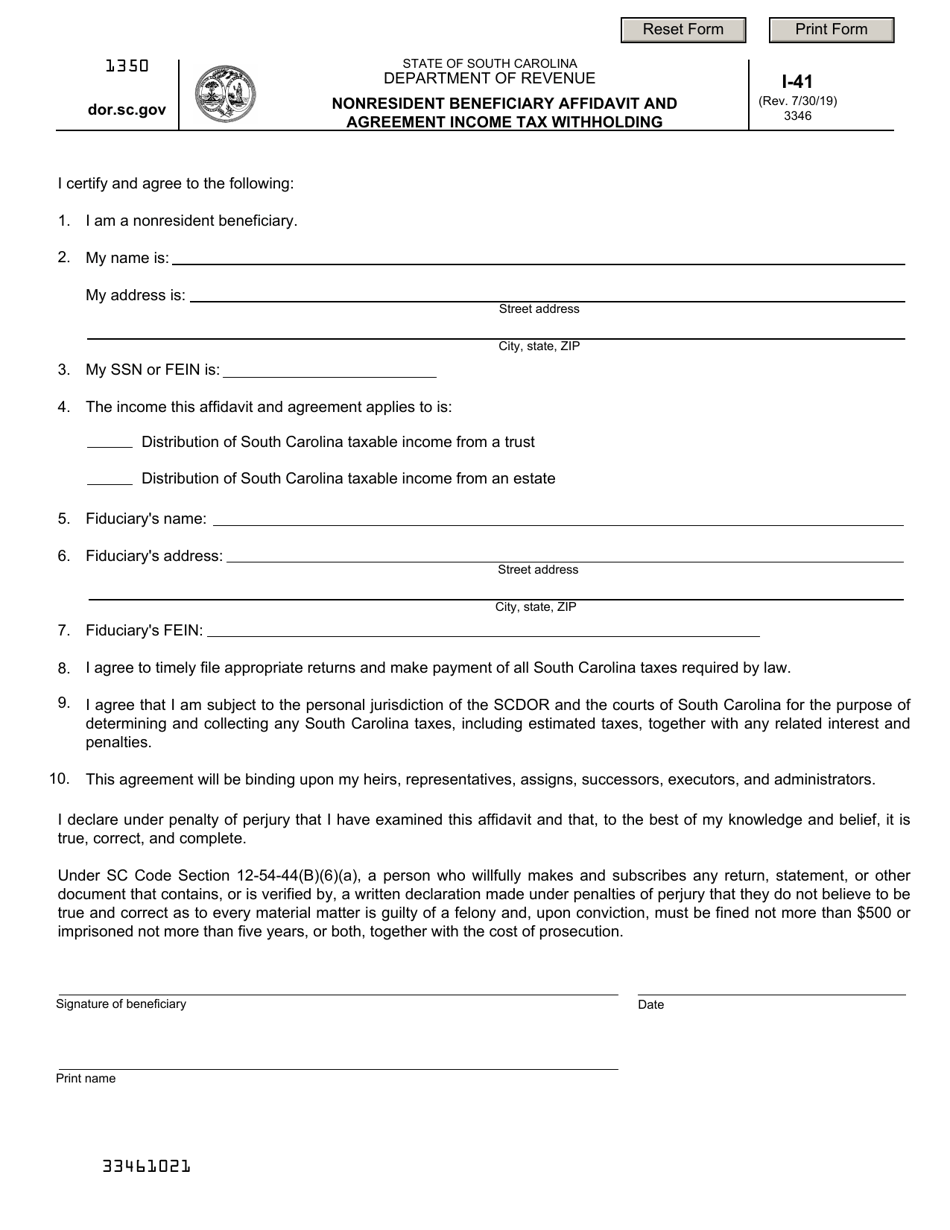 Form I-41 Nonresident Beneficiary Affidavit and Agreement Income Tax Withholding - South Carolina, Page 1