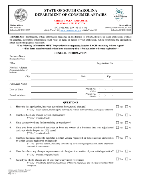 Athlete Agent Employee Renewal Application - South Carolina