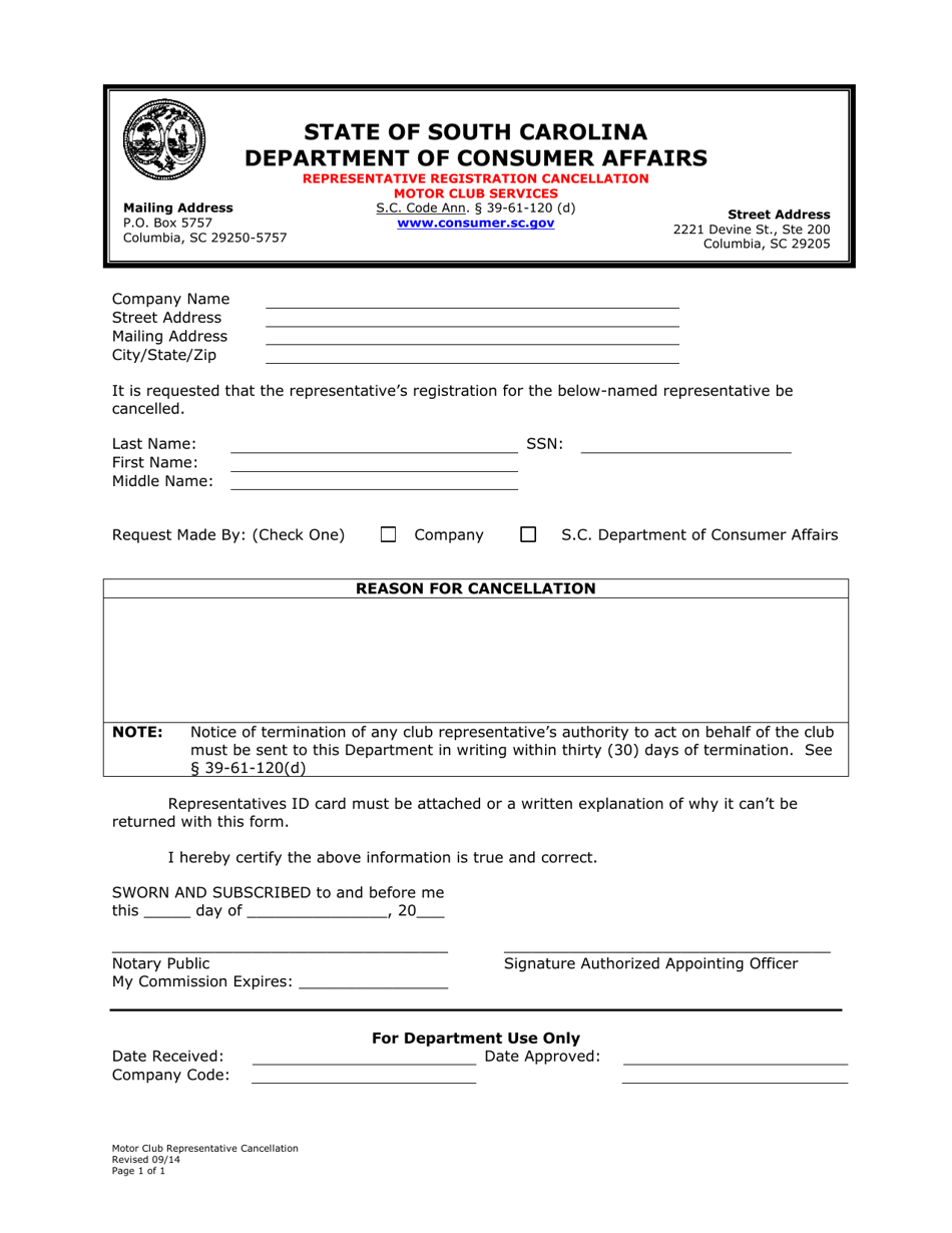 Representative Registration Cancellation - Motor Club Services - South Carolina, Page 1