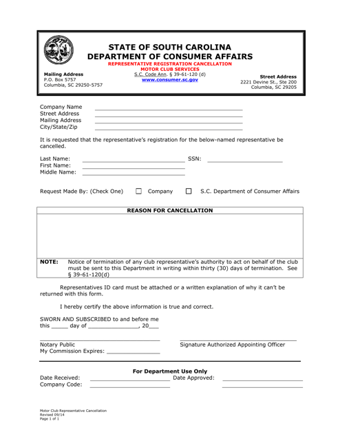 Representative Registration Cancellation - Motor Club Services - South Carolina Download Pdf