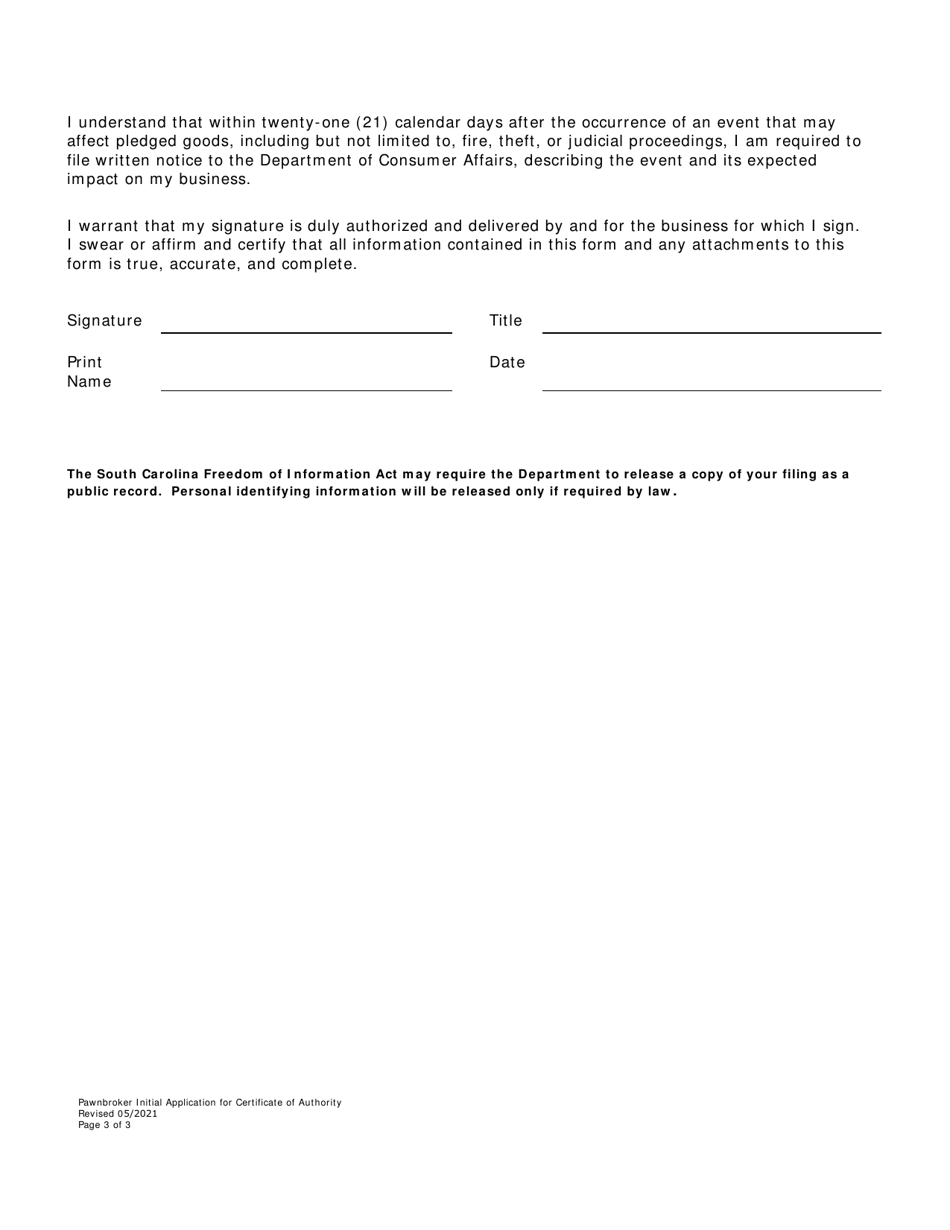 Pawnbroker Initial Application for Certificate of Authority - South Carolina, Page 3