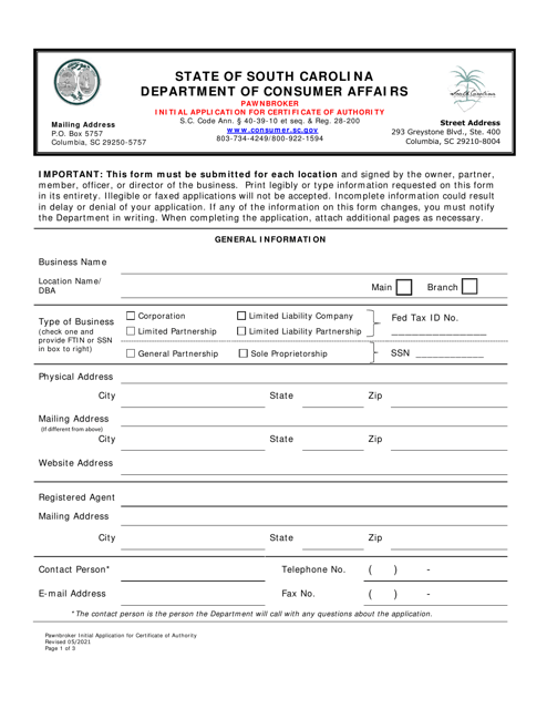Pawnbroker Initial Application for Certificate of Authority - South Carolina Download Pdf