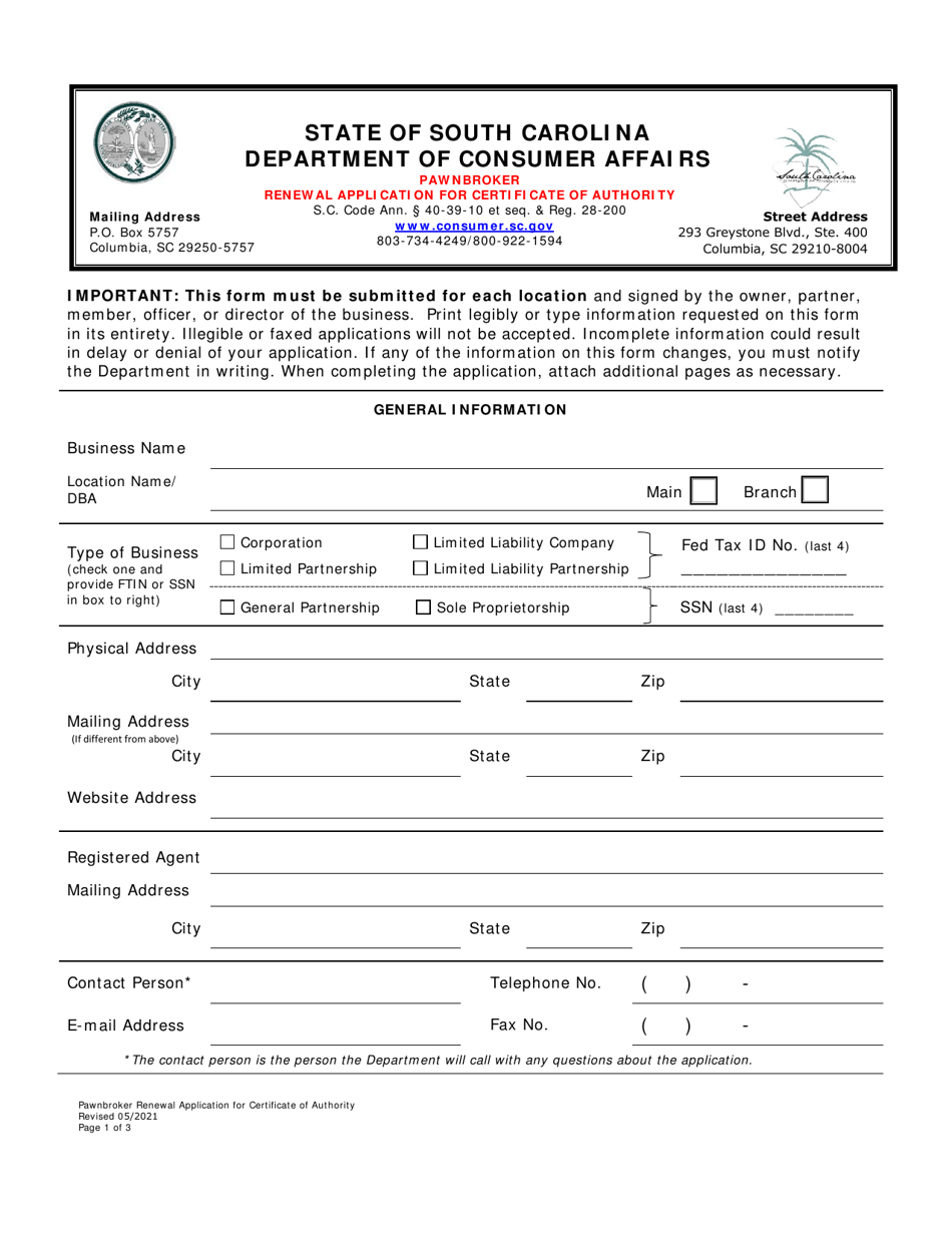 Pawnbroker Renewal Application for Certificate of Authority - South Carolina, Page 1
