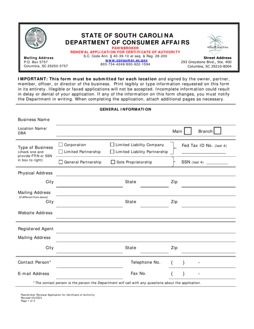 Pawnbroker Renewal Application for Certificate of Authority - South Carolina Download Pdf