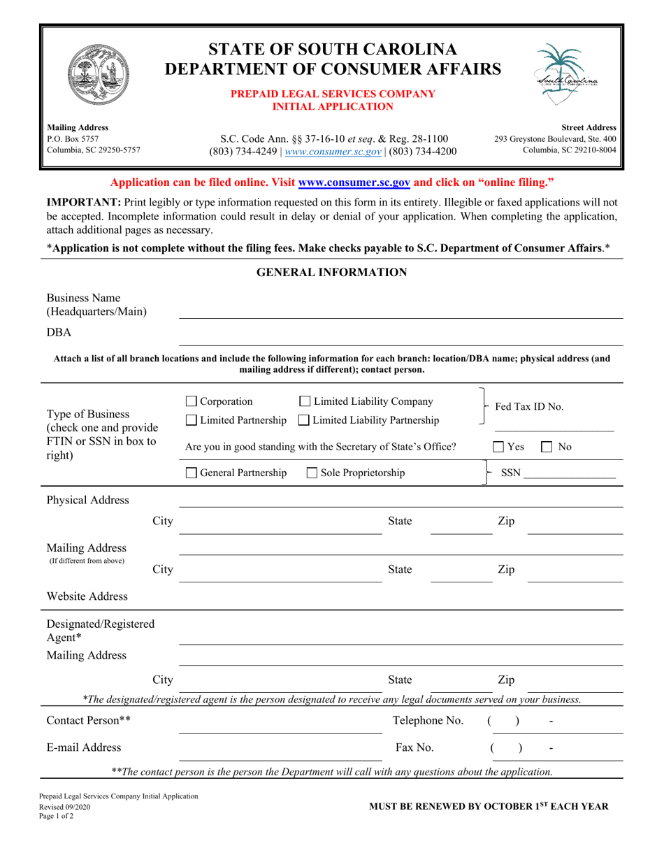 Prepaid Legal Services Company Initial Application - South Carolina, Page 1