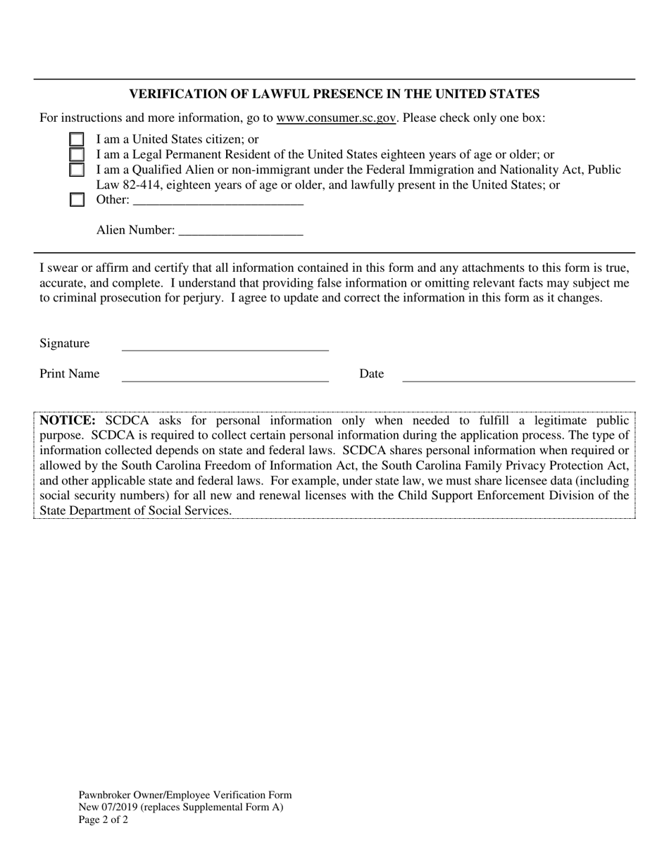 Pawnbroker Owner / Employee Verification Form - South Carolina, Page 2