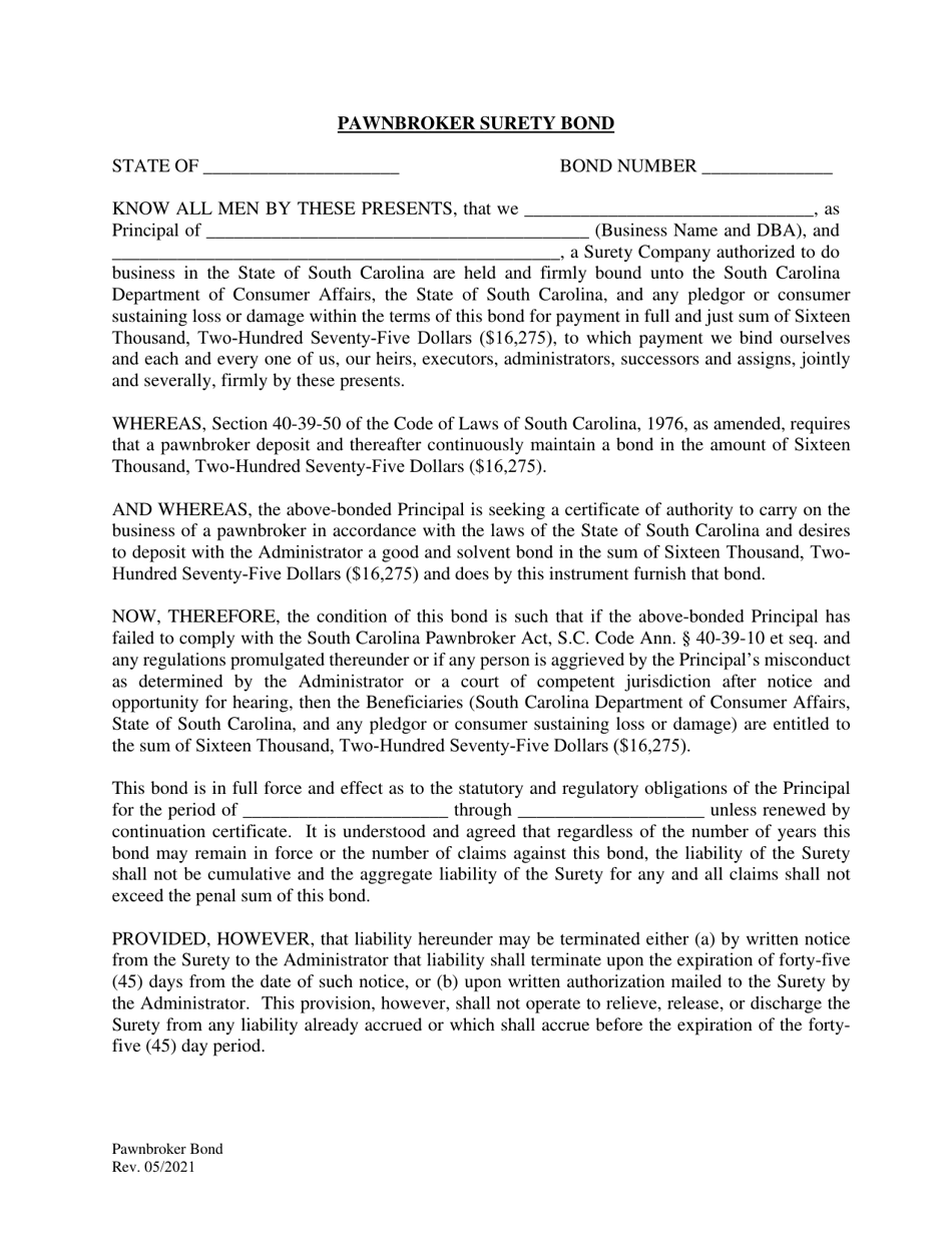 South Carolina Pawnbroker Surety Bond Fill Out, Sign Online and Download PDF Templateroller