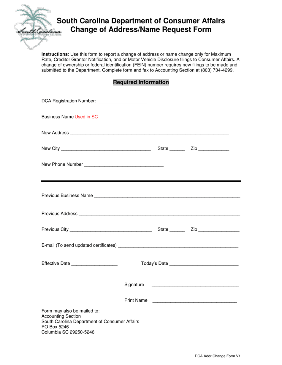 Change of Address / Name Request Form - South Carolina, Page 1