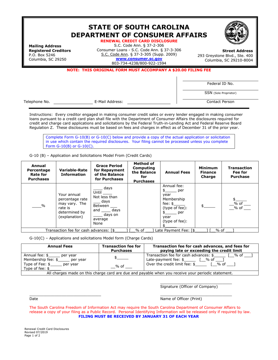 Renewal Credit Card Disclosure - South Carolina, Page 1