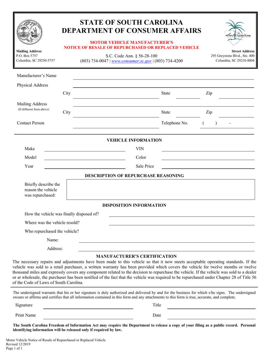 Motor Vehicle Manufacturers Notice of Resale of Repurchased or Replaced Vehicle - South Carolina, Page 1