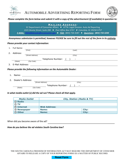 Automobile Advertising Reporting Form - South Carolina Download Pdf