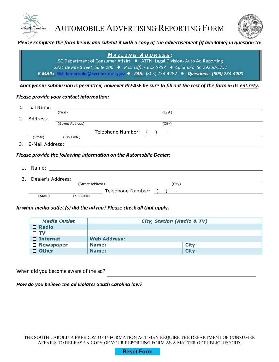 Automobile Advertising Reporting Form - South Carolina, Page 1