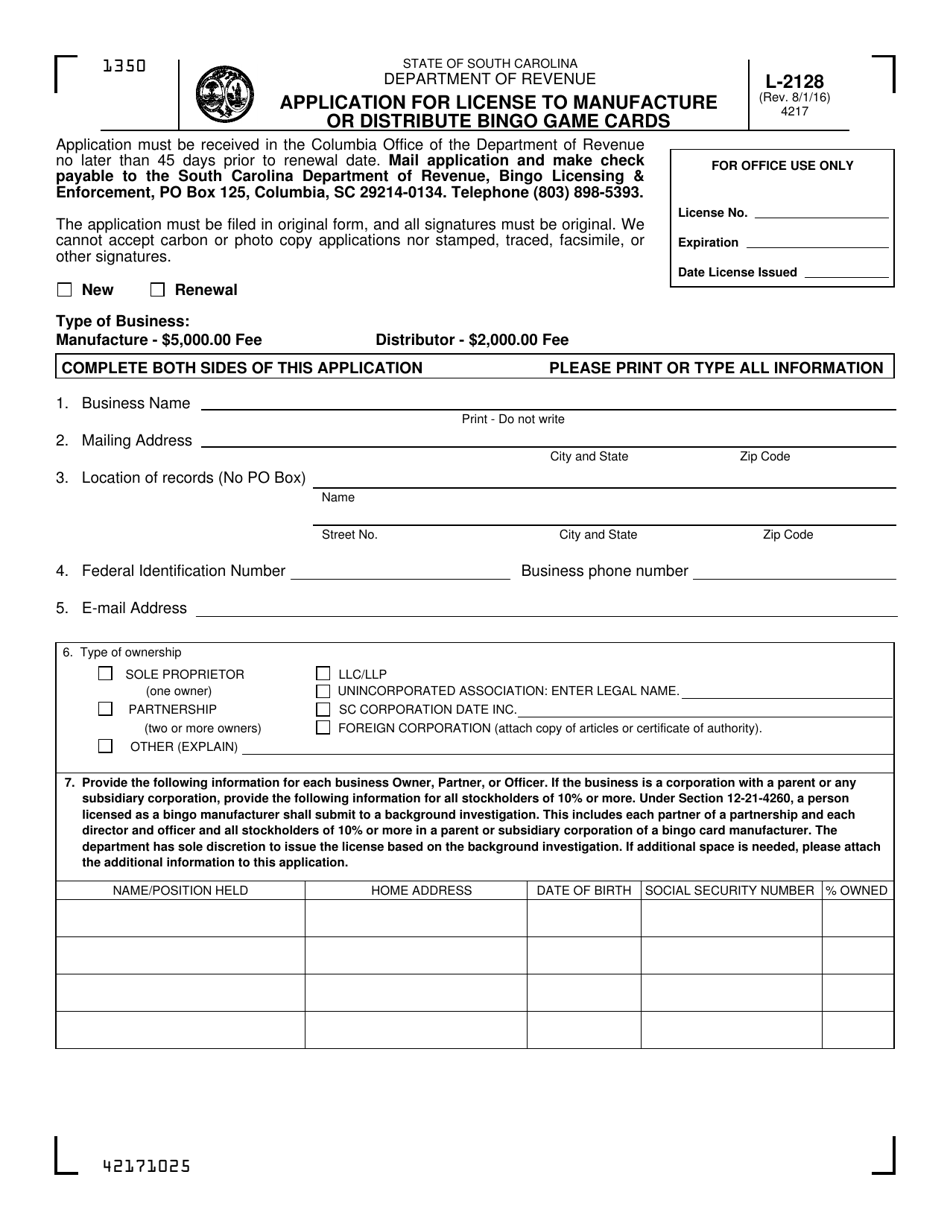 Form L-2128 Application for License to Manufacture or Distribute Bingo Game Cards - South Carolina, Page 1