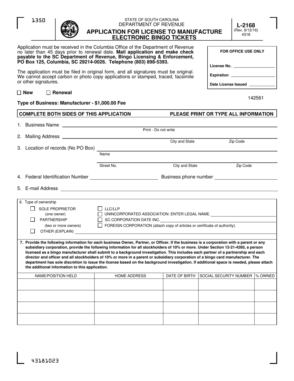 Form L-2168 Application for License to Manufacture Electronic Bingo Tickets - South Carolina, Page 1
