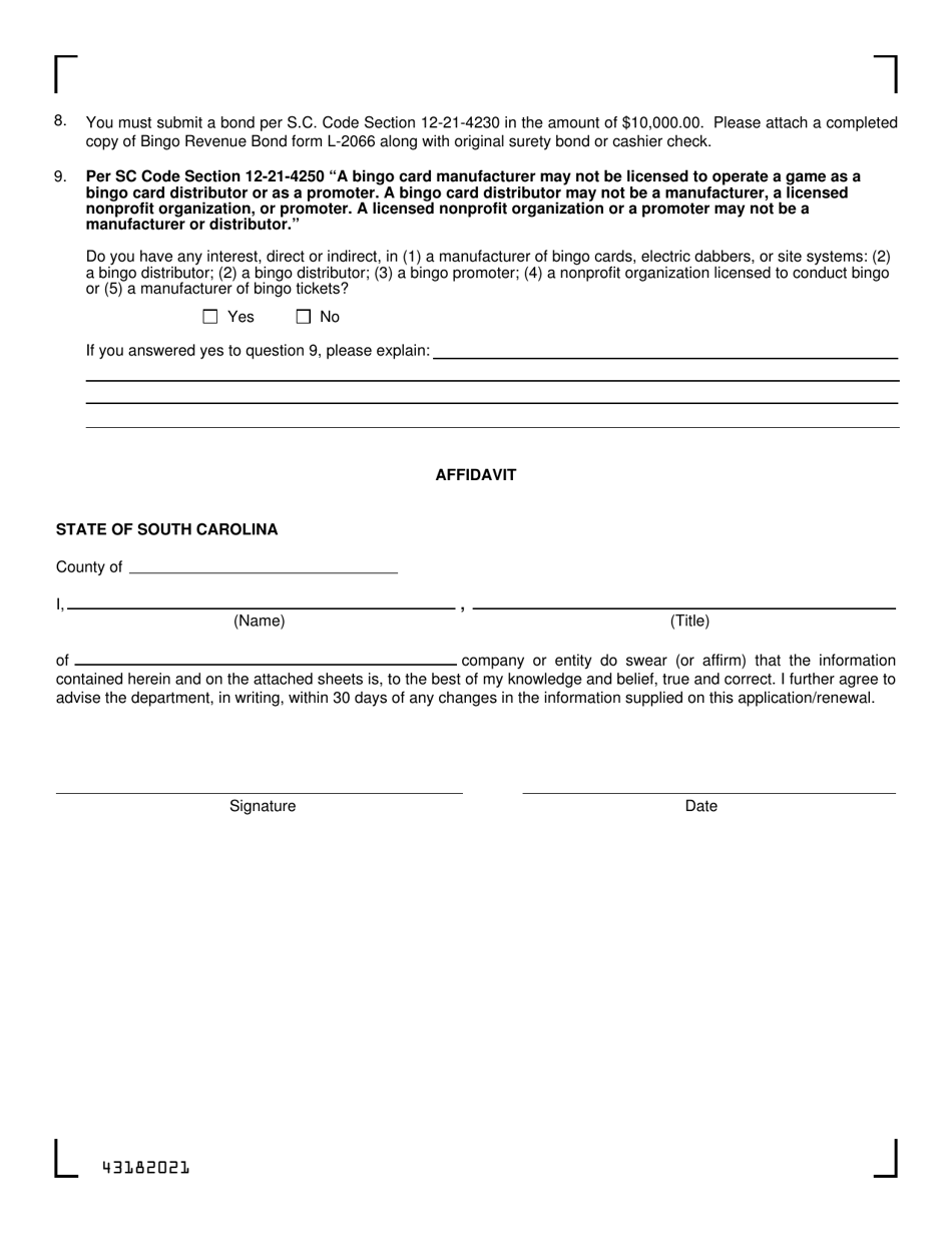 Form L-2168 Application for License to Manufacture Electronic Bingo Tickets - South Carolina, Page 2