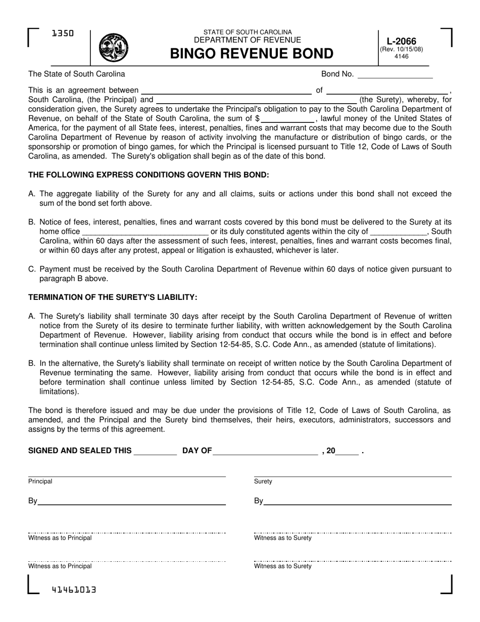 Form L-2066 Bingo Revenue Bond - South Carolina, Page 1