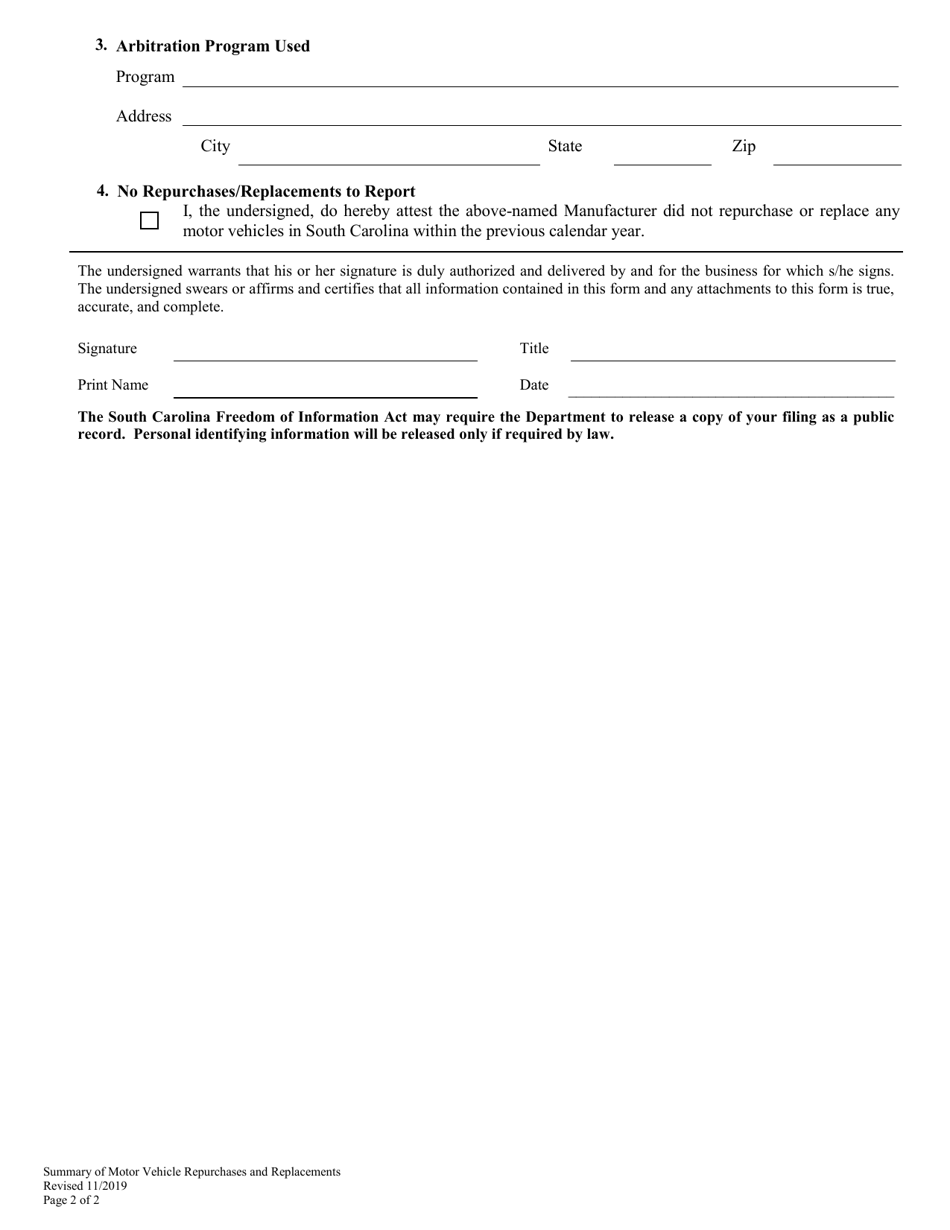 Summary of Motor Vehicle - Repurchases and Replacements - South Carolina, Page 2