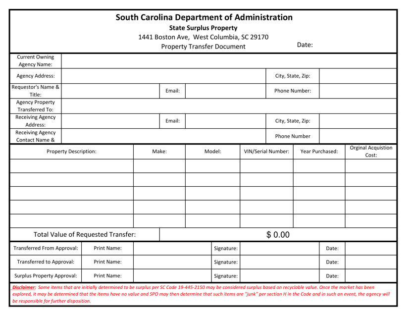 "Property Transfer Document" - South Carolina Download Pdf