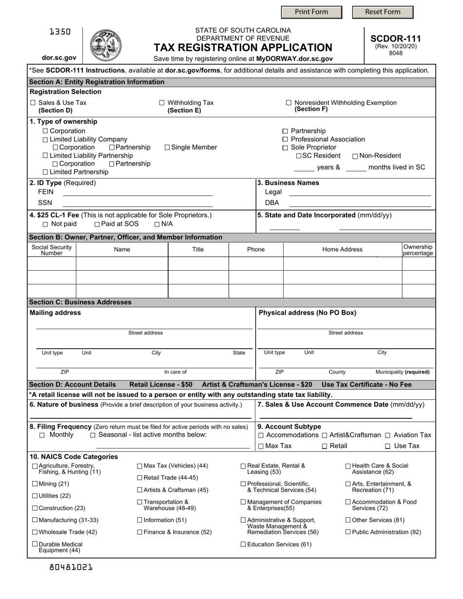 Form SCDOR-111 Tax Registration Application - South Carolina, Page 1