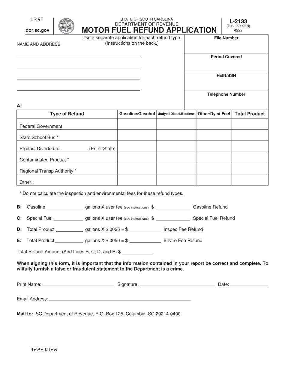 Form L-2133 Motor Fuel Refund Application - South Carolina, Page 1