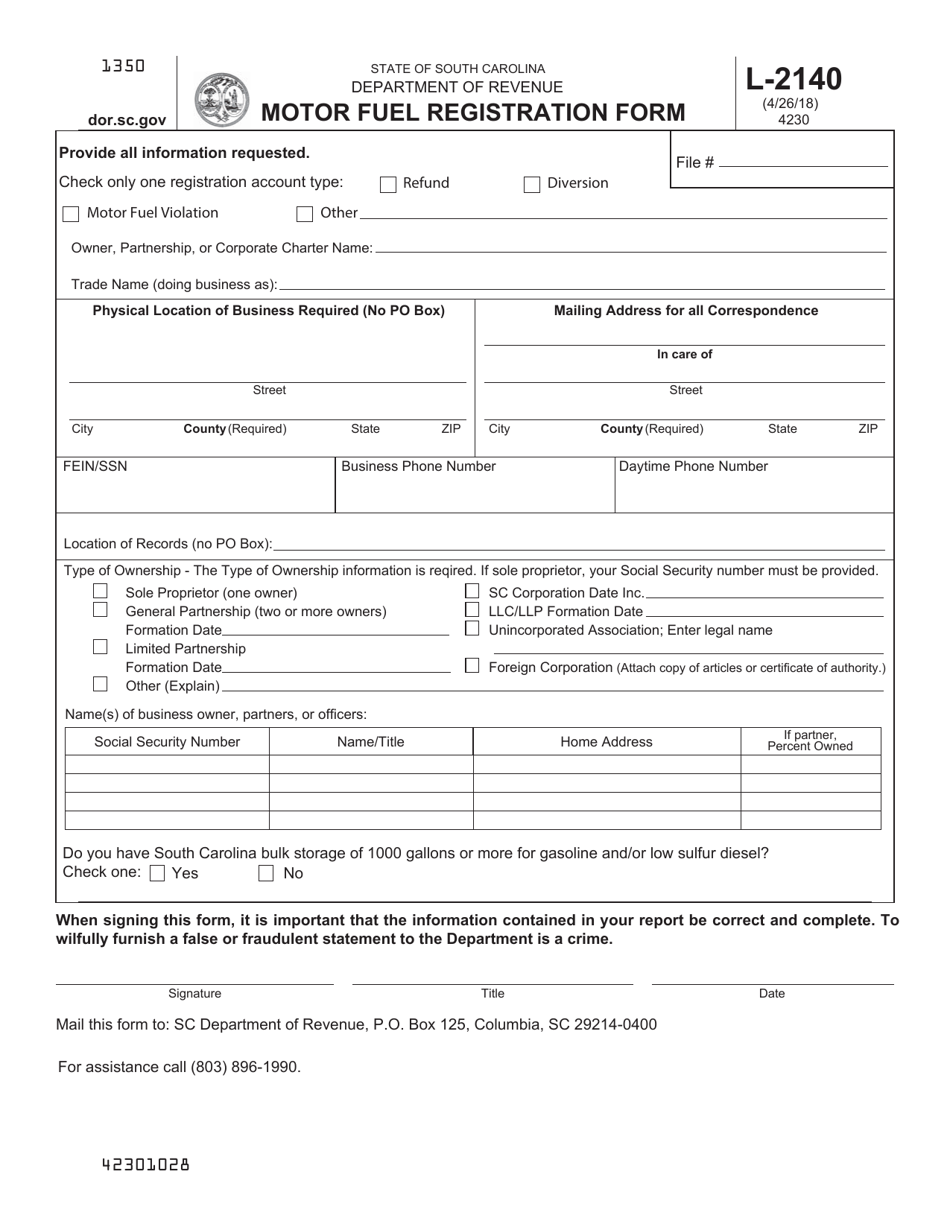 Form L-2140 Motor Fuel Registration Form - South Carolina, Page 1