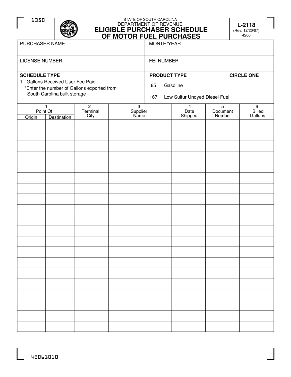 Form L-2118 Eligible Purchaser Schedule of Motor Fuel Purchases - South Carolina, Page 1