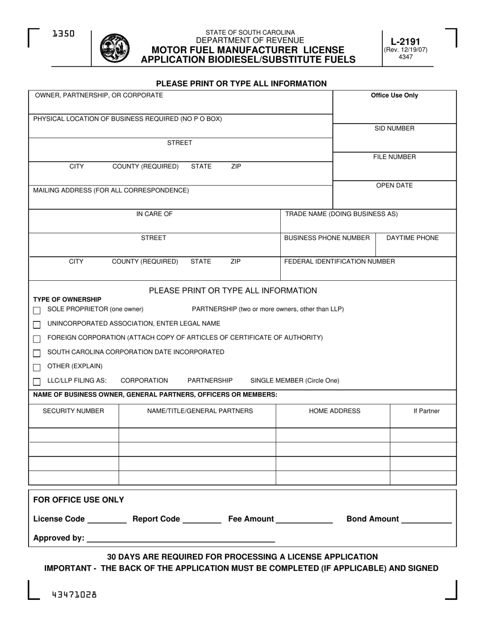 Form L-2191 Motor Fuel Manufacturer License Application Biodiesel / Substitute Fuels - South Carolina, Page 1