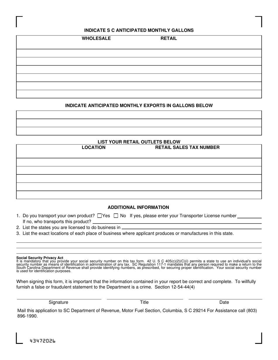 Form L-2191 Motor Fuel Manufacturer License Application Biodiesel / Substitute Fuels - South Carolina, Page 2