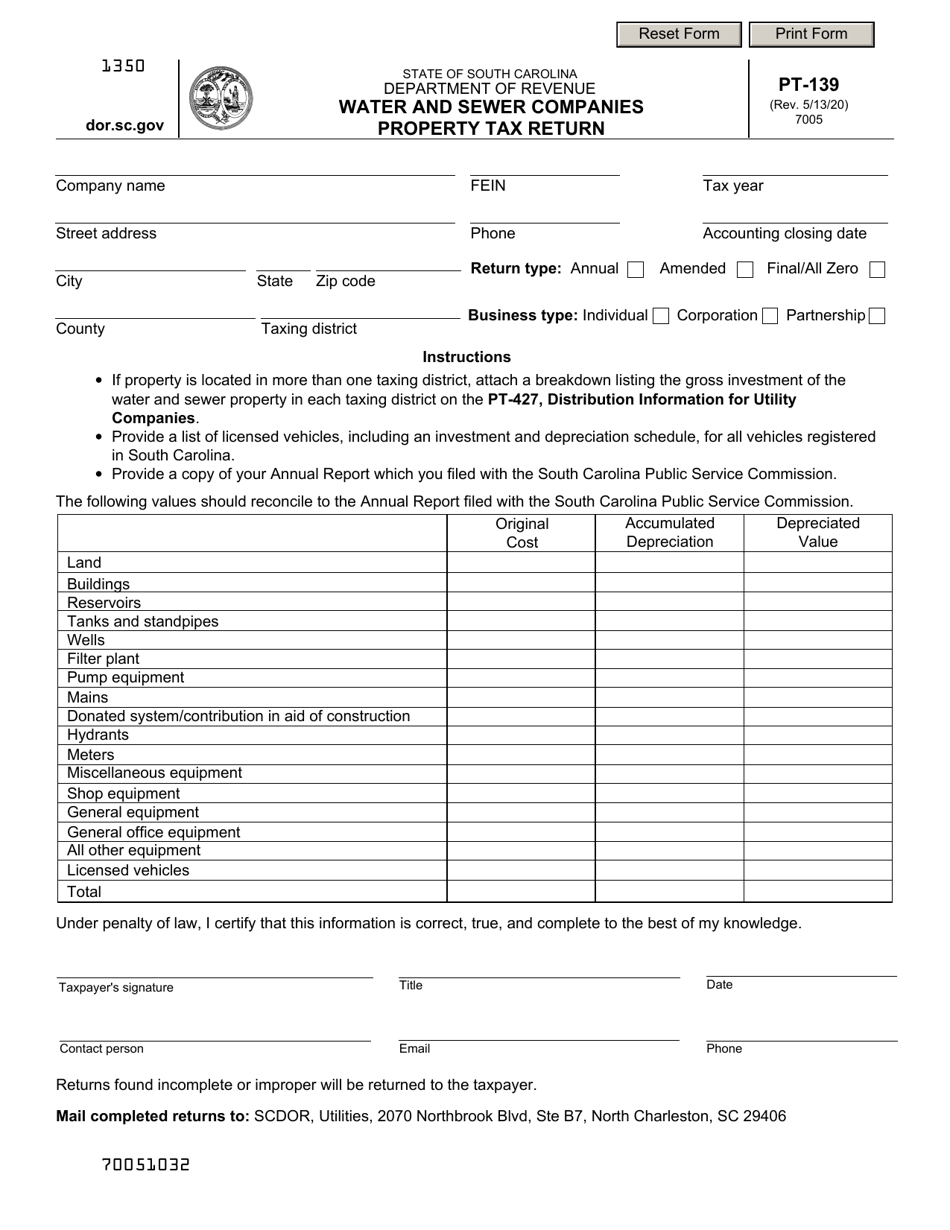 Form PT-139 Water and Sewer Companies Property Tax Return - South Carolina, Page 1