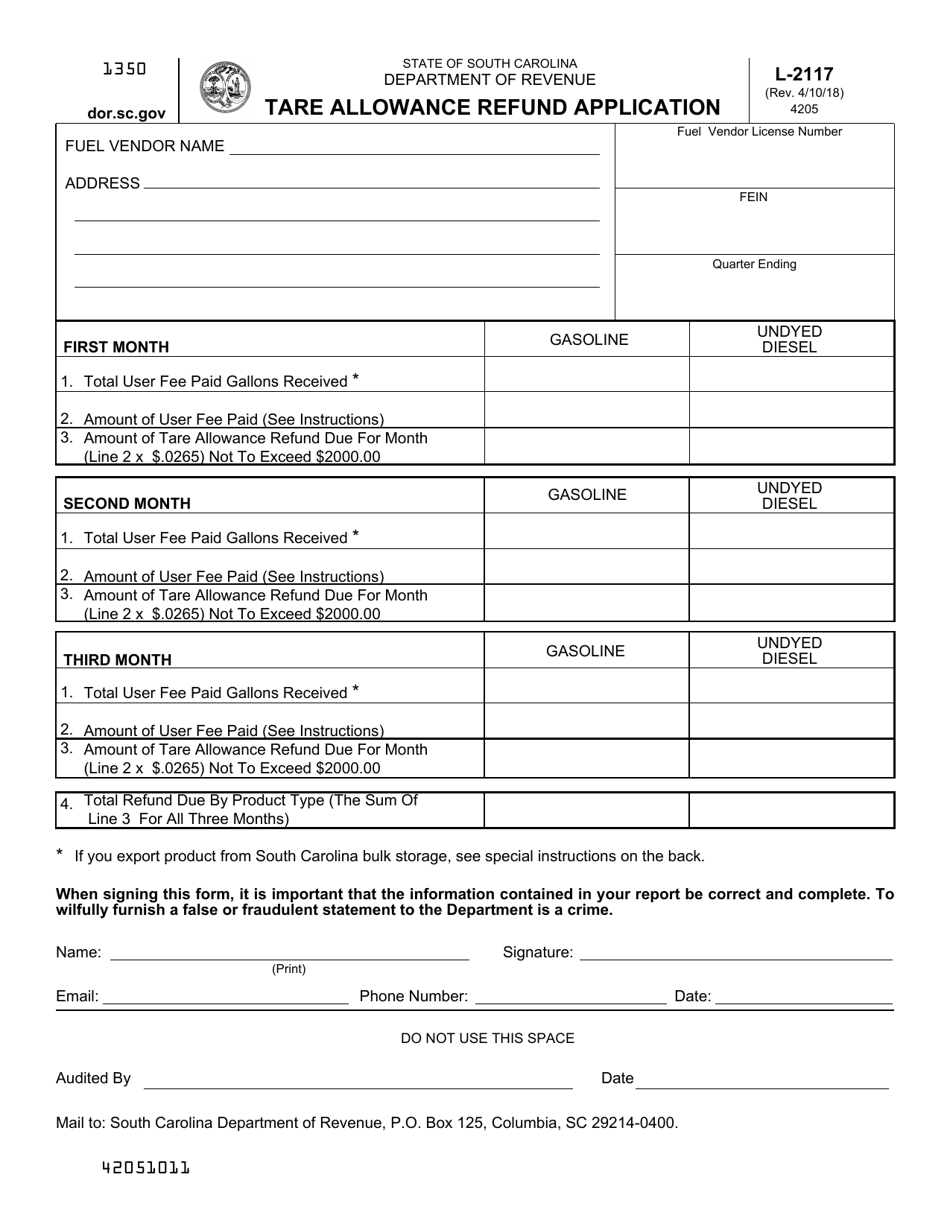 Form L-2117 Tare Allowance Refund Application - South Carolina, Page 1