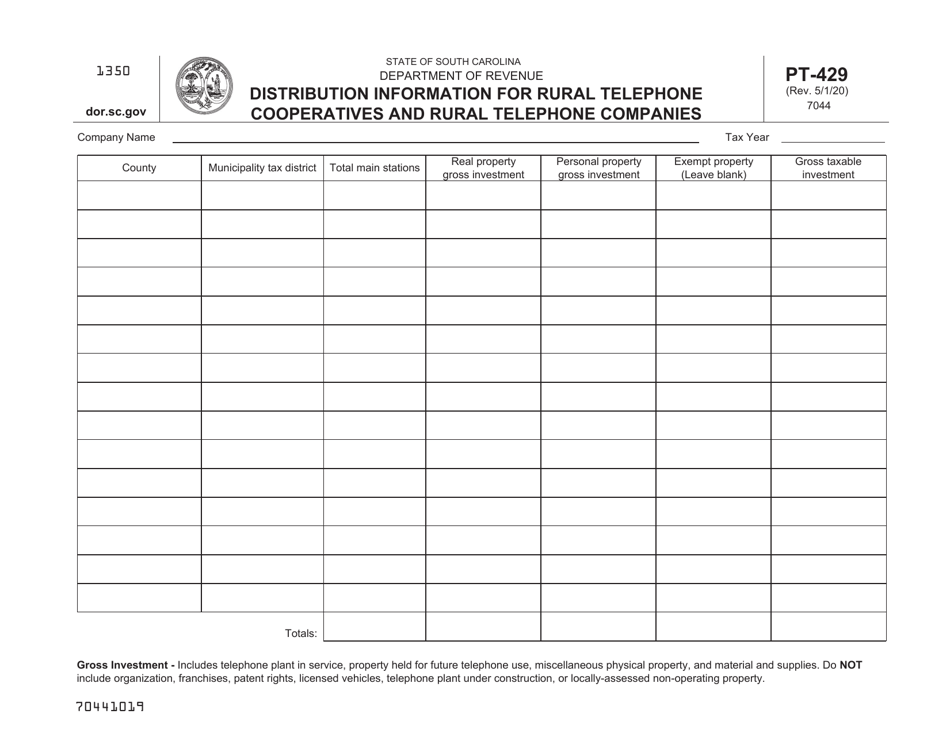Form PT-429 Distribution Information for Rural Telephone Cooperatives and Rural Telephone Companies - South Carolina, Page 1