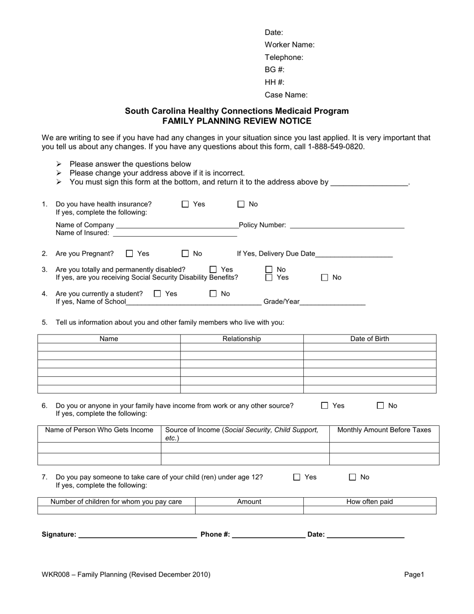 Form WKR008 Family Planning Review Notice - South Carolina, Page 1