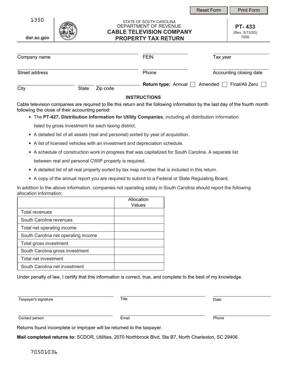 Form PT-433 Cable Television Company Property Tax Return - South Carolina, Page 1