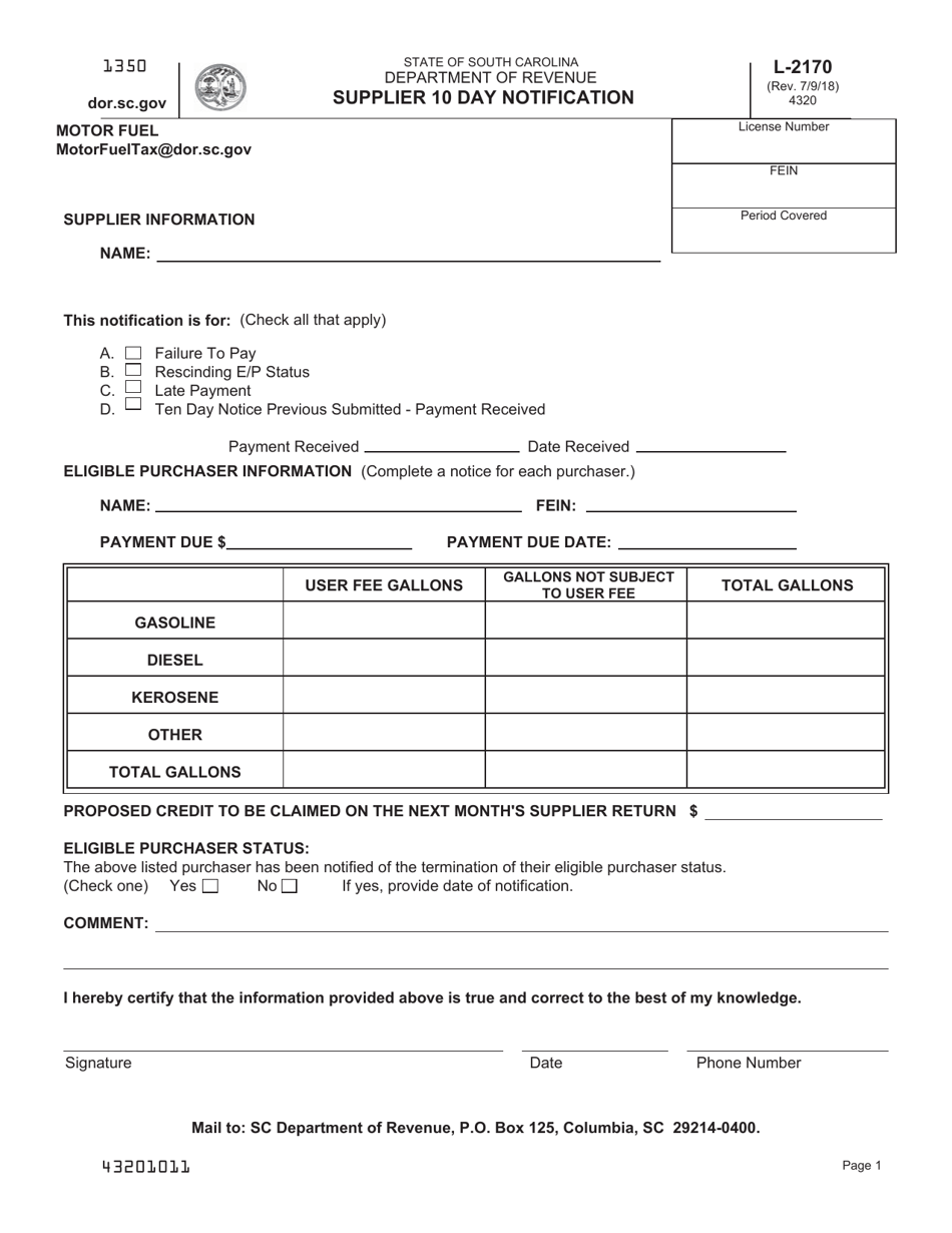 Form L-2170 Supplier 10 Day Notification - South Carolina, Page 1