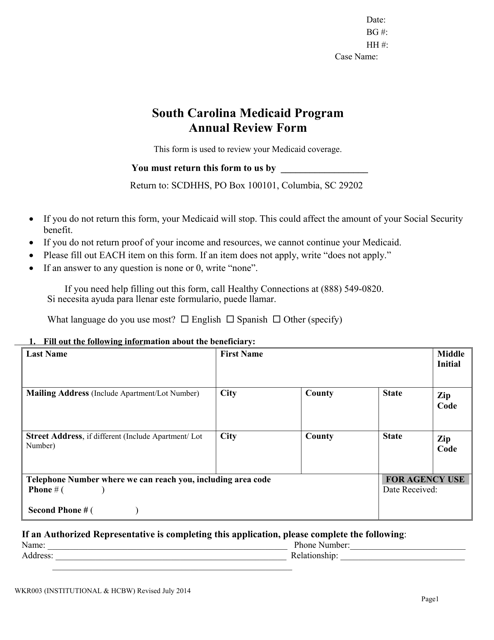 Form WKR003 Annual Review Form - People in a Nursing Home or Receiving Community Long Term Care Services in Your Home - South Carolina