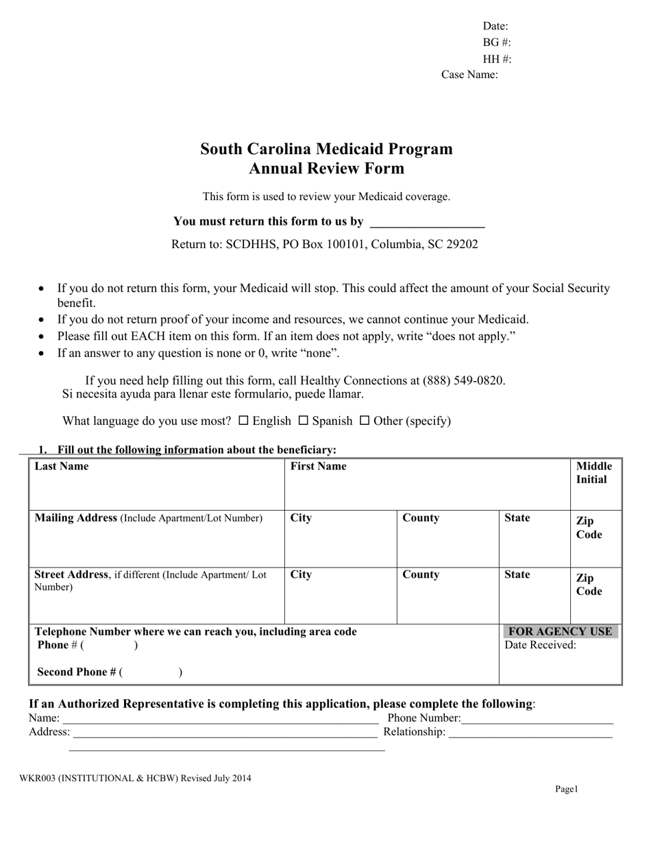 Form WKR003 Annual Review Form - People in a Nursing Home or Receiving Community Long Term Care Services in Your Home - South Carolina, Page 1