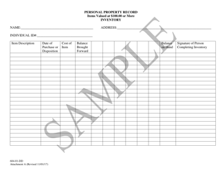 Document preview: Attachment A Personal Property Record - Items Valued at $100.00 or More - Inventory - Sample - South Carolina