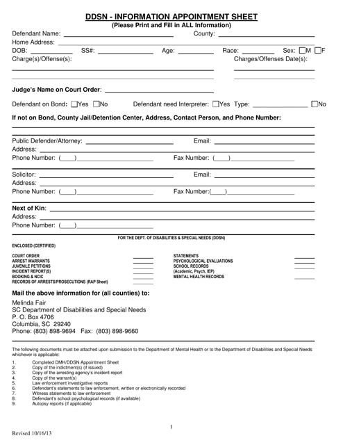 Ddsn - Information Appointment Sheet - South Carolina Download Pdf
